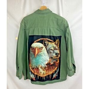 Upcycled Schmidt Mens Green Camp Shirt 2X Long Sleeve Wolf Eagle Ranch Chore